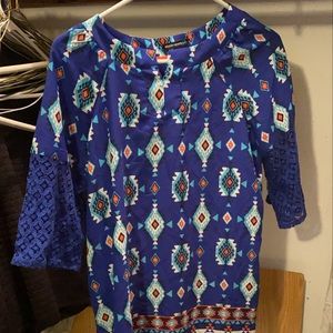 Blue Aztec dress with lace sleeves